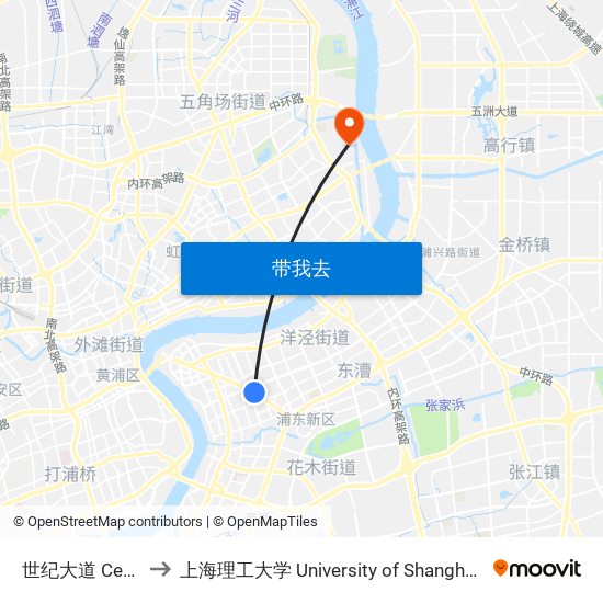 世纪大道 Century Avenue to 上海理工大学 University of Shanghai for Science and Technology map