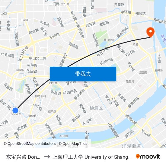 东宝兴路 Dongbaoxing Road to 上海理工大学 University of Shanghai for Science and Technology map