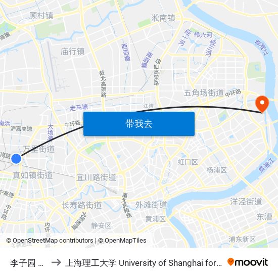 李子园 Liziyuan to 上海理工大学 University of Shanghai for Science and Technology map