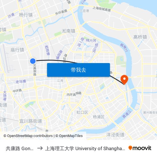 共康路 Gongkang Road to 上海理工大学 University of Shanghai for Science and Technology map