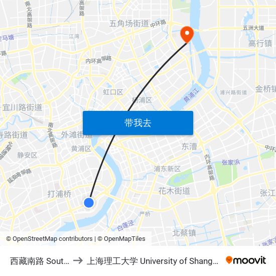 西藏南路 South Xizang Road to 上海理工大学 University of Shanghai for Science and Technology map