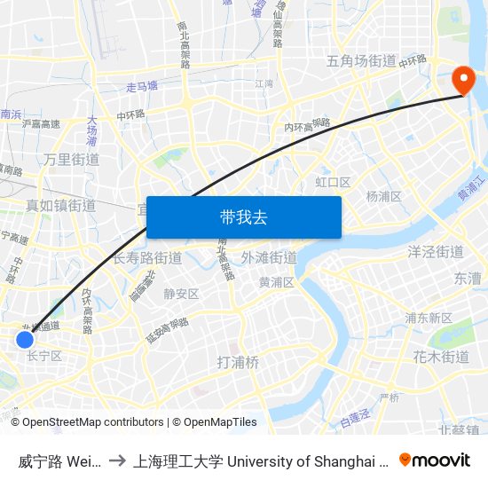威宁路 Weining Road to 上海理工大学 University of Shanghai for Science and Technology map
