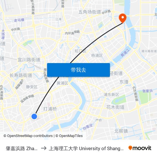 肇嘉浜路 Zhaojiabang Road to 上海理工大学 University of Shanghai for Science and Technology map