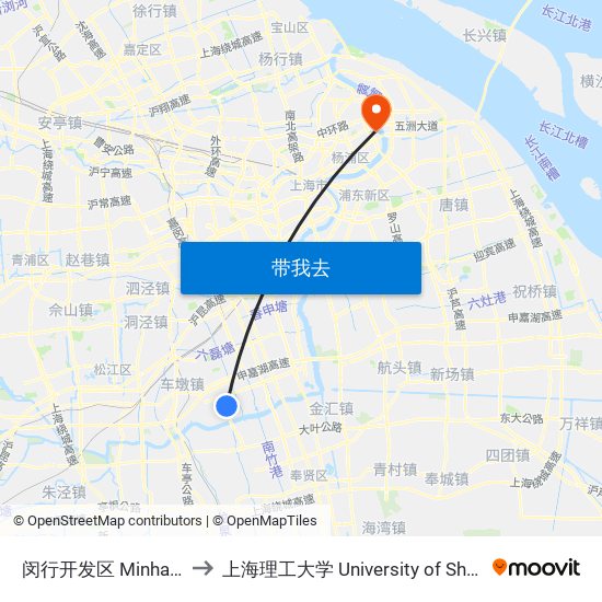 闵行开发区 Minhang Development Zone to 上海理工大学 University of Shanghai for Science and Technology map