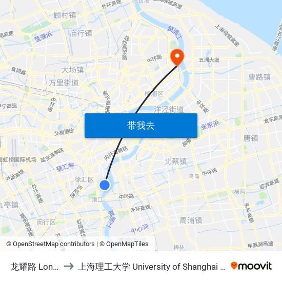 龙耀路 Longyao Road to 上海理工大学 University of Shanghai for Science and Technology map