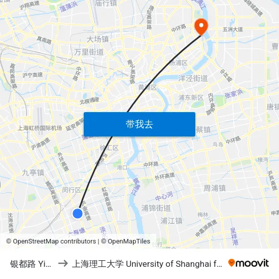 银都路 Yindu Road to 上海理工大学 University of Shanghai for Science and Technology map