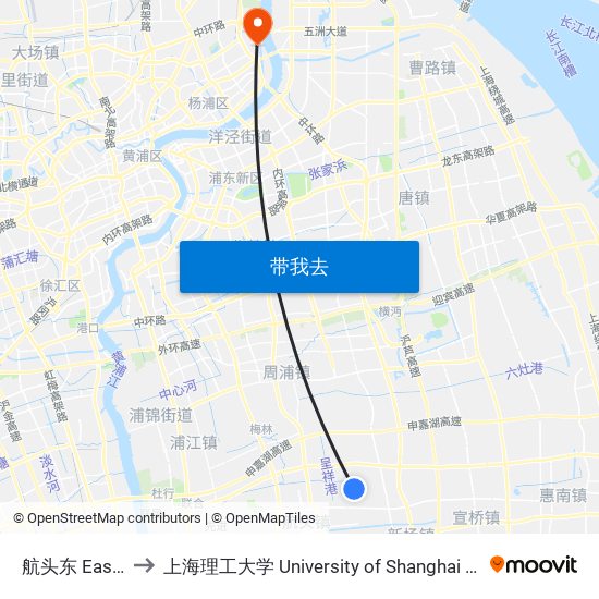 航头东 East Hangtou to 上海理工大学 University of Shanghai for Science and Technology map