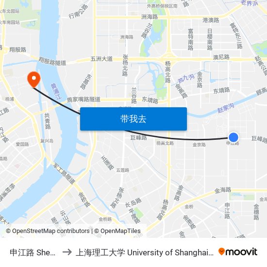 申江路 Shenjiang Road to 上海理工大学 University of Shanghai for Science and Technology map