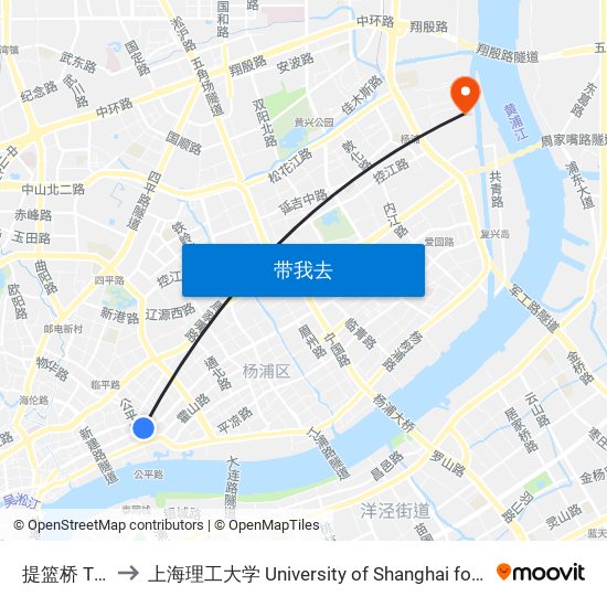 提篮桥 Tilanqiao to 上海理工大学 University of Shanghai for Science and Technology map