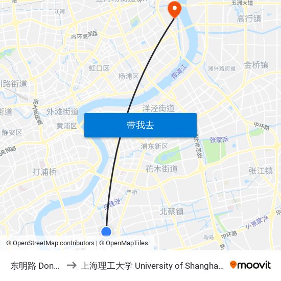 东明路 Dongming Road to 上海理工大学 University of Shanghai for Science and Technology map