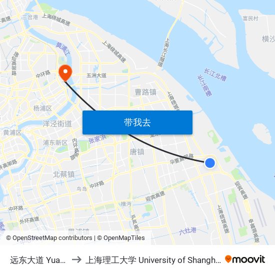 远东大道 Yuandong Avenue to 上海理工大学 University of Shanghai for Science and Technology map