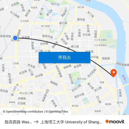 殷高西路 West Yingao Road to 上海理工大学 University of Shanghai for Science and Technology map