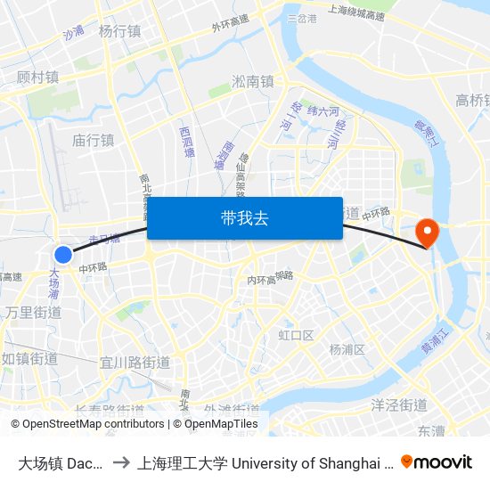大场镇 Dachang Town to 上海理工大学 University of Shanghai for Science and Technology map