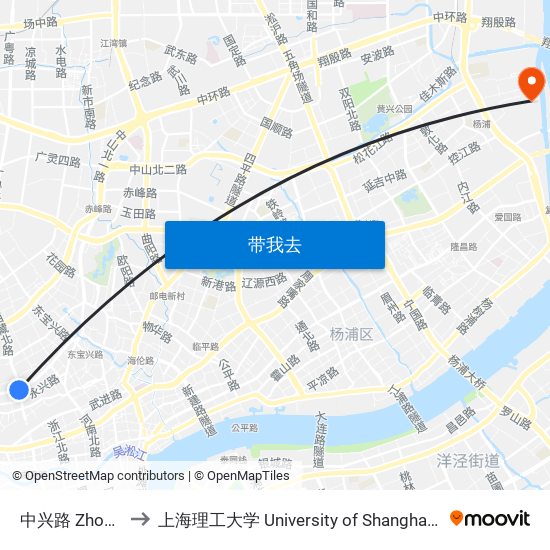 中兴路 Zhongxing Road to 上海理工大学 University of Shanghai for Science and Technology map