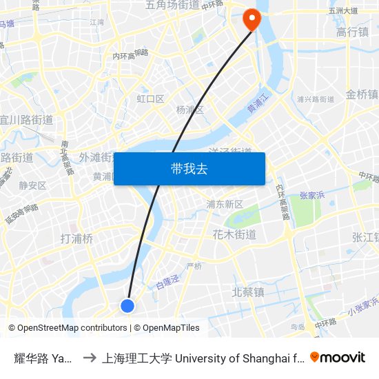 耀华路 Yaohua Road to 上海理工大学 University of Shanghai for Science and Technology map