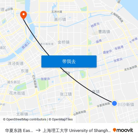 华夏东路 East Huaxia Road to 上海理工大学 University of Shanghai for Science and Technology map