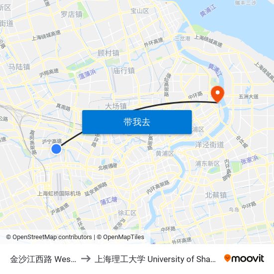 金沙江西路 West Jinshajiang Road to 上海理工大学 University of Shanghai for Science and Technology map