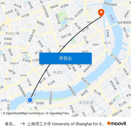 泰东路渡口 to 上海理工大学 University of Shanghai for Science and Technology map