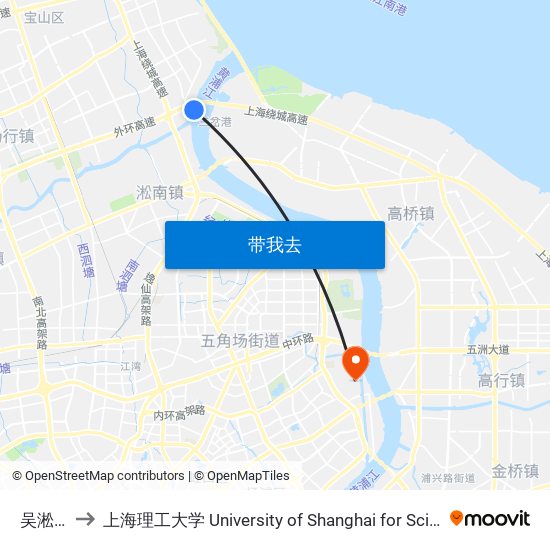 吴淞渡口 to 上海理工大学 University of Shanghai for Science and Technology map