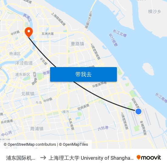 浦东国际机场1号航站楼 to 上海理工大学 University of Shanghai for Science and Technology map
