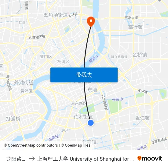 龙阳路地铁站 to 上海理工大学 University of Shanghai for Science and Technology map
