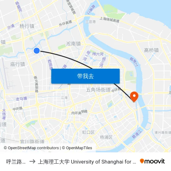 呼兰路爱辉路 to 上海理工大学 University of Shanghai for Science and Technology map