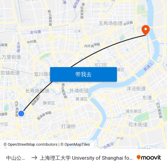中山公园地铁站 to 上海理工大学 University of Shanghai for Science and Technology map