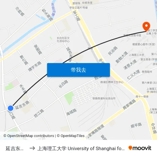 延吉东路隆昌路 to 上海理工大学 University of Shanghai for Science and Technology map