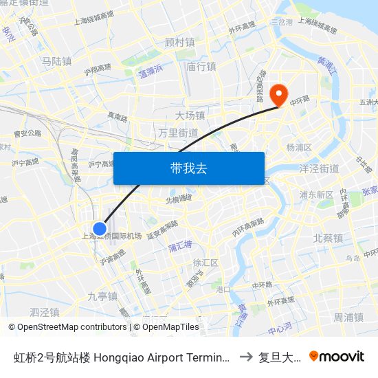 虹桥2号航站楼 Hongqiao Airport Terminal 2 to 复旦大学 map