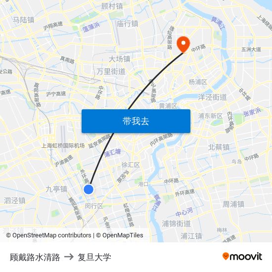 顾戴路水清路 to 复旦大学 map