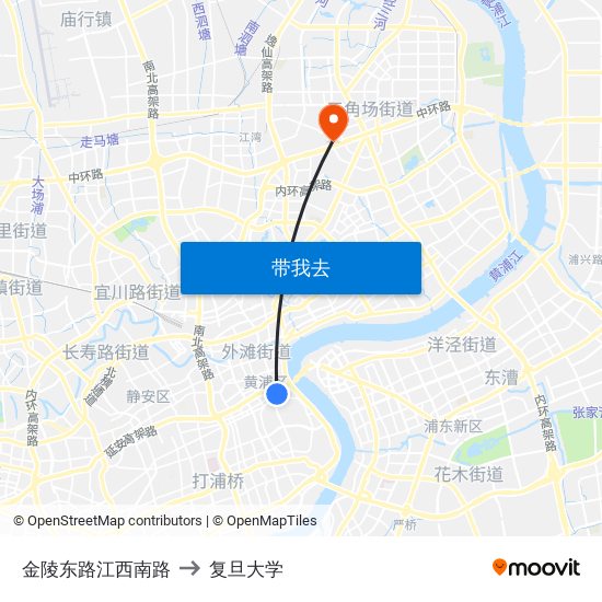 金陵东路江西南路 to 复旦大学 map