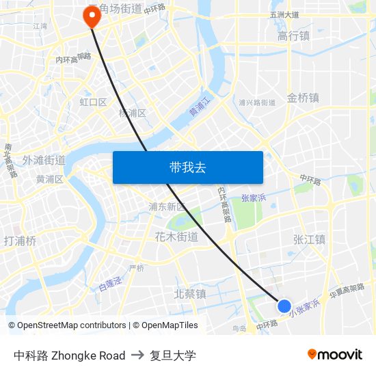 中科路 Zhongke Road to 复旦大学 map