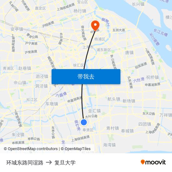 环城东路同谊路 to 复旦大学 map