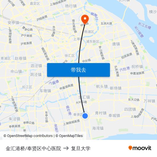 金汇港桥/奉贤区中心医院 to 复旦大学 map