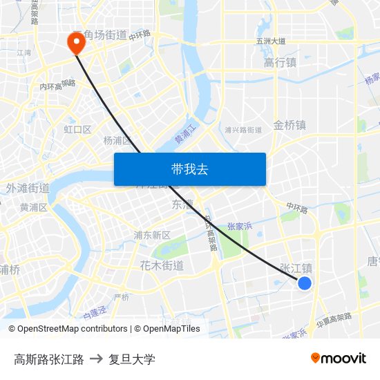 高斯路张江路 to 复旦大学 map