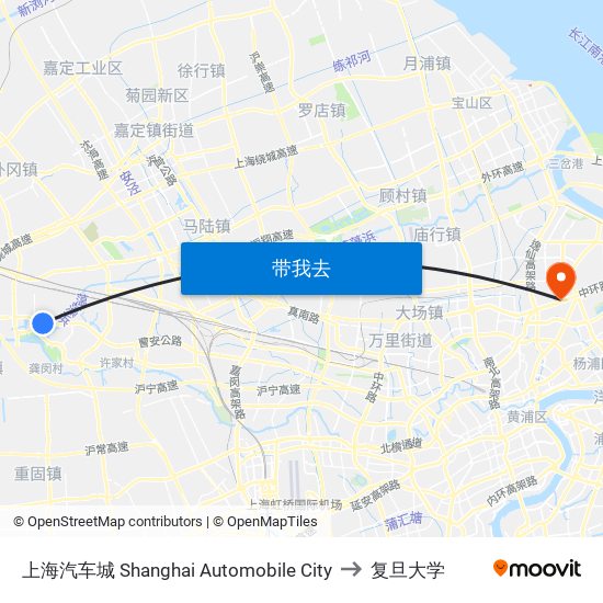 上海汽车城 Shanghai Automobile City to 复旦大学 map