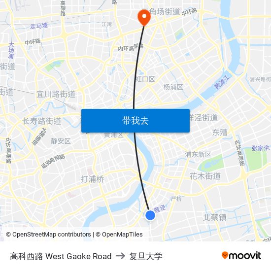 高科西路 West Gaoke Road to 复旦大学 map