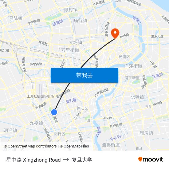 星中路 Xingzhong Road to 复旦大学 map