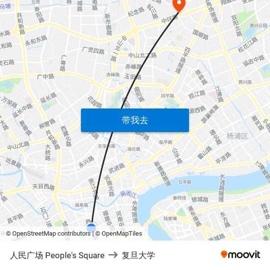 人民广场 People's Square to 复旦大学 map