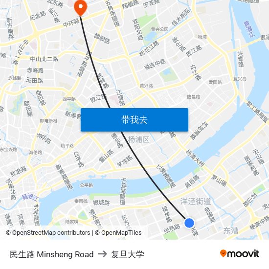 民生路 Minsheng Road to 复旦大学 map
