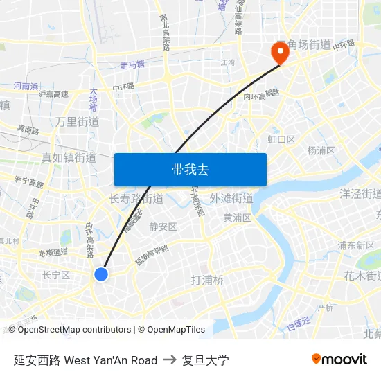 延安西路 West Yan'An Road to 复旦大学 map