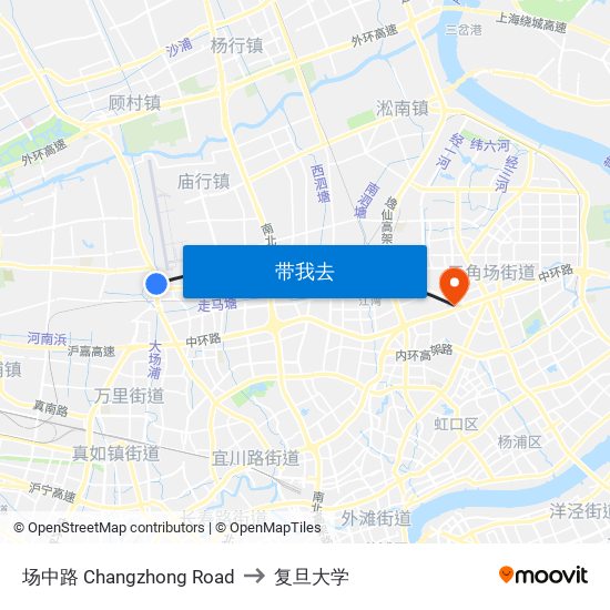 场中路 Changzhong Road to 复旦大学 map