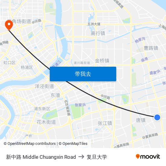 新中路 Middle Chuangxin Road to 复旦大学 map