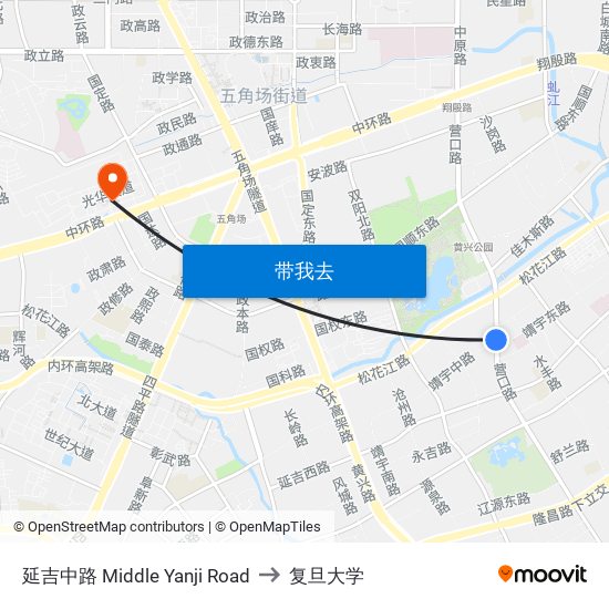 延吉中路 Middle Yanji Road to 复旦大学 map