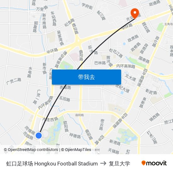 虹口足球场 Hongkou Football Stadium to 复旦大学 map