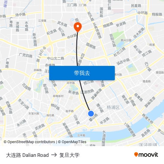 大连路 Dalian Road to 复旦大学 map