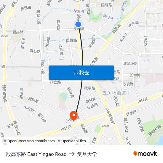 殷高东路 East Yingao Road to 复旦大学 map