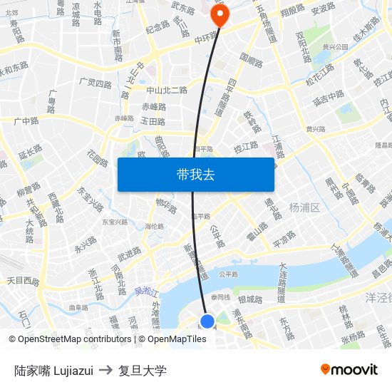 陆家嘴 Lujiazui to 复旦大学 map