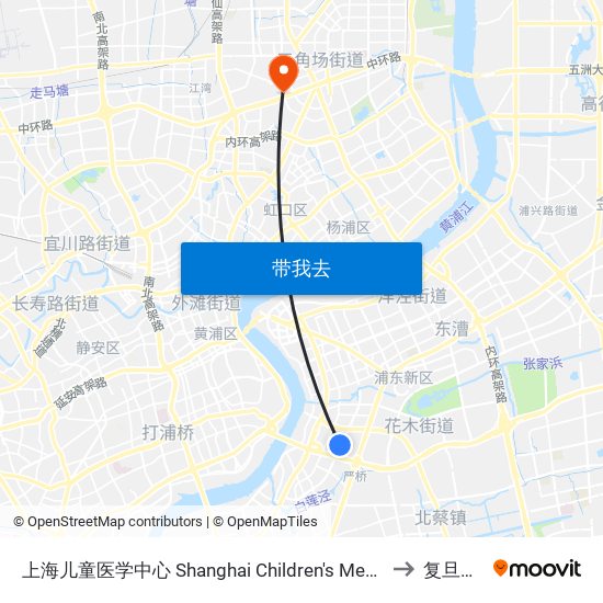 上海儿童医学中心 Shanghai Children's Medical Center to 复旦大学 map