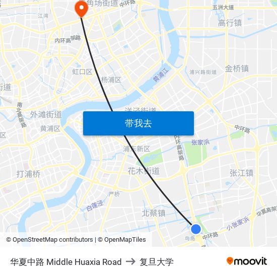 华夏中路 Middle Huaxia Road to 复旦大学 map